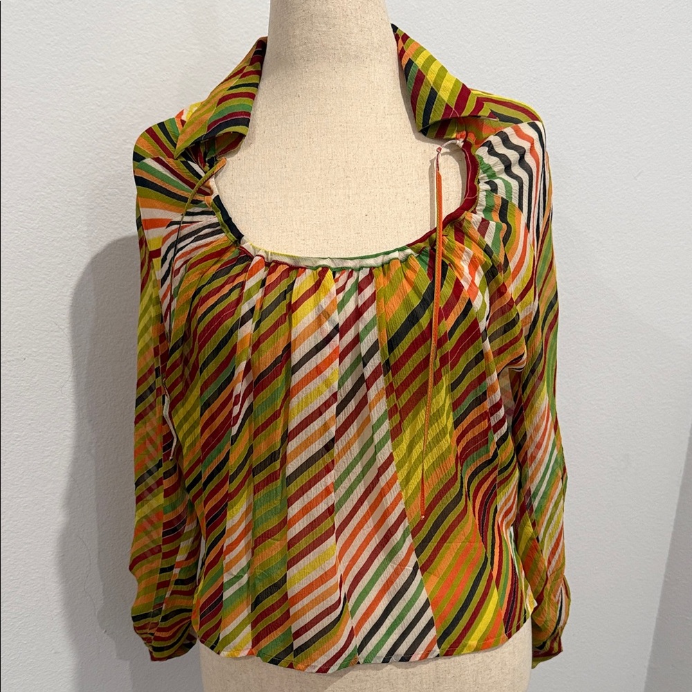 👚 Women’s Multicolor Striped Peasant Blouse - Boho Square Neck